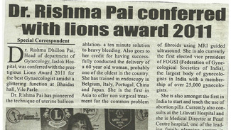 Dr. Rishma Pai Conferred with lions award 2011