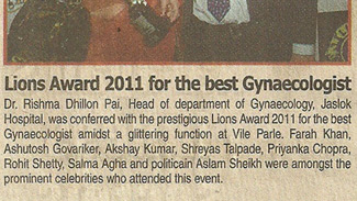 Lions award 2011 for the best Gynaecologist